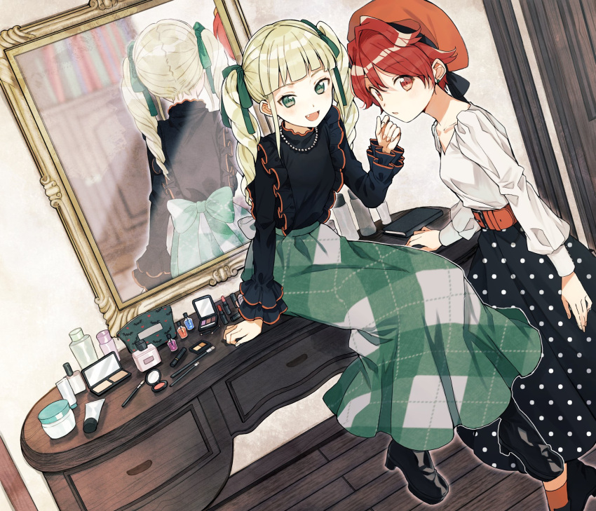 2girls aikatsu!_(series) bag bangs belt black_footwear black_skirt blonde_hair blunt_bangs boots chest_of_drawers collarbone commentary_request door drill_hair earrings fang frilled_sleeves frills green_eyes green_skirt hair_ribbon hat highres ichinose_kaede jewelry kurodeko leaning_forward lipstick_tube long_skirt looking_at_viewer makeup makeup_brush mirror multiple_girls nail_polish_bottle necklace open_mouth orange_legwear pearl_necklace polka_dot_skirt red_eyes redhead reflection ribbon sitting skirt smile standing stud_earrings toudou_yurika twin_drills vanity_table wooden_floor