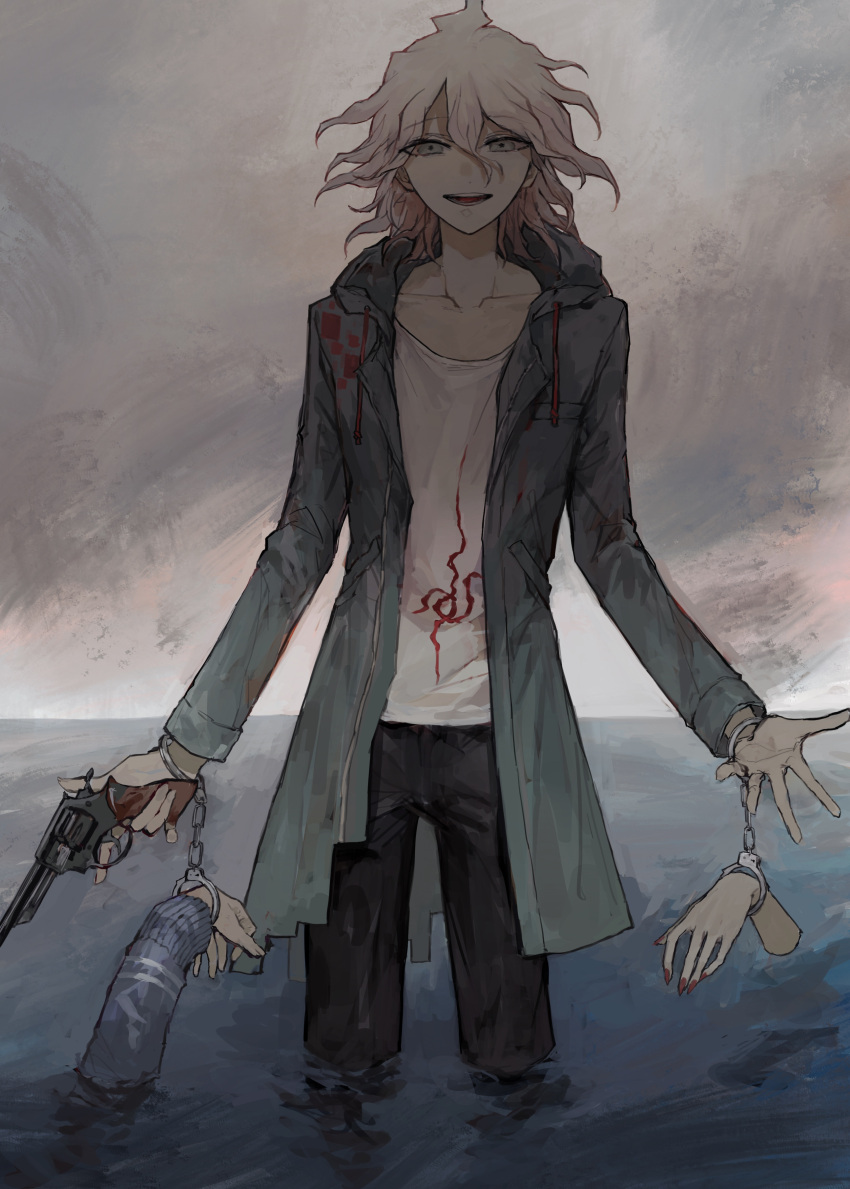 1boy absurdres ahoge black_pants blood collarbone commentary_request cuffs dangan_ronpa grey_hair gun hair_between_eyes handcuffs handgun highres holding holding_weapon hood hooded_jacket jacket komaeda_nagito long_sleeves looking_at_viewer male_focus messy_hair nanami_chiaki open_clothes open_mouth pants postal_mark_(tsu_qq) red_nails shirt smile solo_focus super_dangan_ronpa_2 trigger_discipline wading water weapon white_shirt