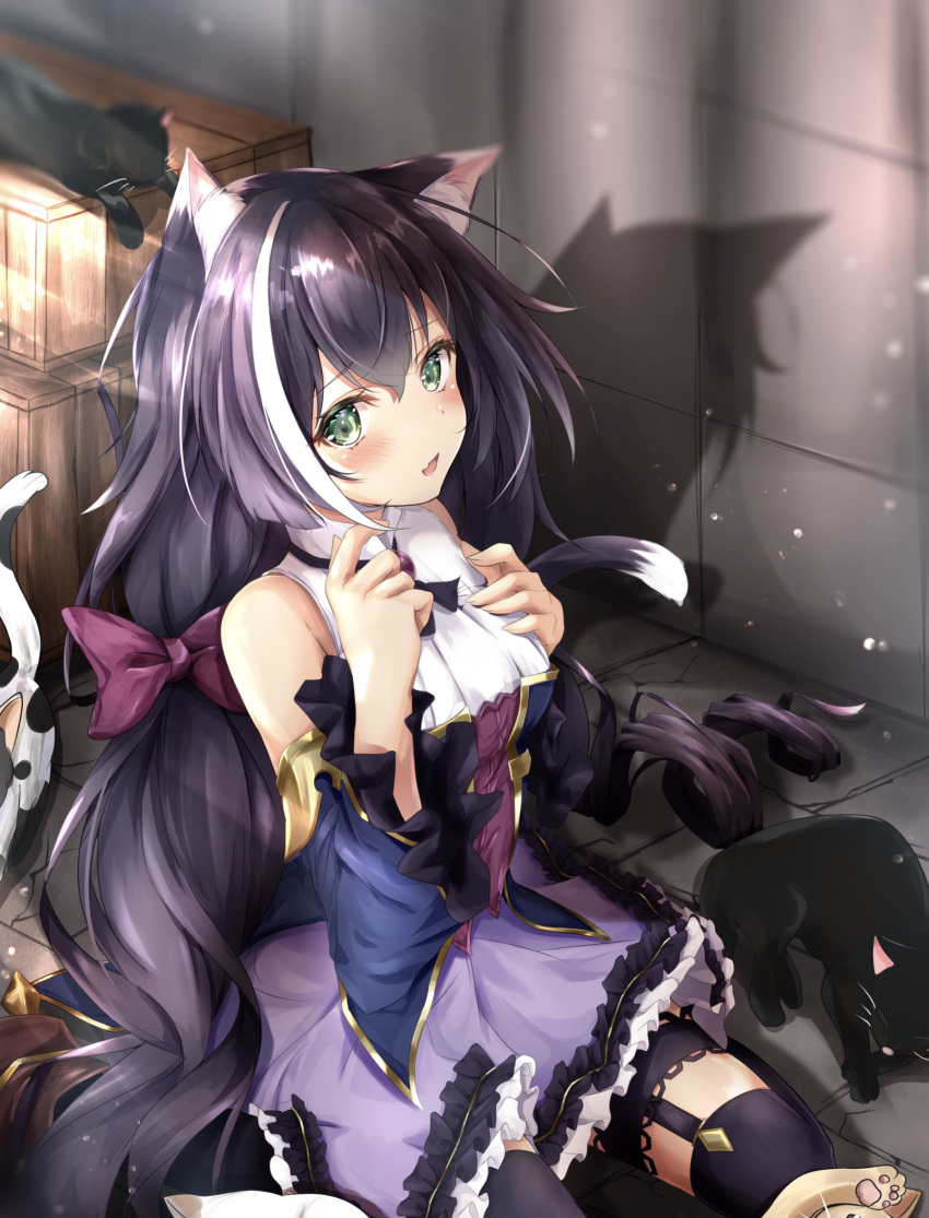 1girl animal_ear_fluff animal_ears bangs bare_shoulders black_cat black_hair blush bow breasts cat cat_ears cat_girl cat_tail commentary_request detached_sleeves dress eyebrows_visible_through_hair fang frilled_dress frills green_eyes hair_bow hand_on_own_chest hands_up highres karyl_(princess_connect!) long_hair looking_at_viewer low_twintails multicolored_hair open_mouth outdoors princess_connect! princess_connect!_re:dive red_bow rumiko_(rmeco) sitting skin_fang small_breasts solo streaked_hair tail twintails very_long_hair wariza white_hair