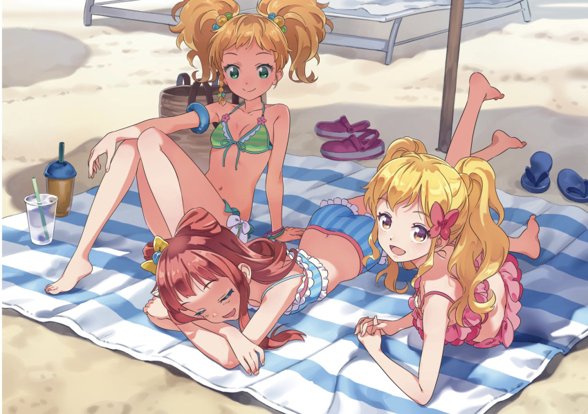 3girls aikatsu!_(series) beach bikini blanket blonde_hair blue_bikini bow bracelet braid closed_eyes commentary_request crocs cup flip-flops frilled_bikini frills green_bikini green_eyes hair_bow hair_tie halterneck highres jewelry katou_akatsuki looking_at_viewer looking_down lying multiple_girls nijino_yume nikaidou_yuzu pink_bikini sand sandals saotome_ako side-tie_bikini sitting striped striped_bikini swimsuit twintails yellow_eyes