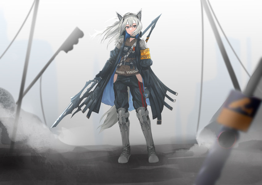 1girl absurdres animal_ears arknights armband gloves grani_(arknights) greaves grey_eyes highres hip_vent holding holding_spear holding_weapon horse_ears long_coat medal pants polearm ponytail silver_hair smile spear su_(septyanss) weapon