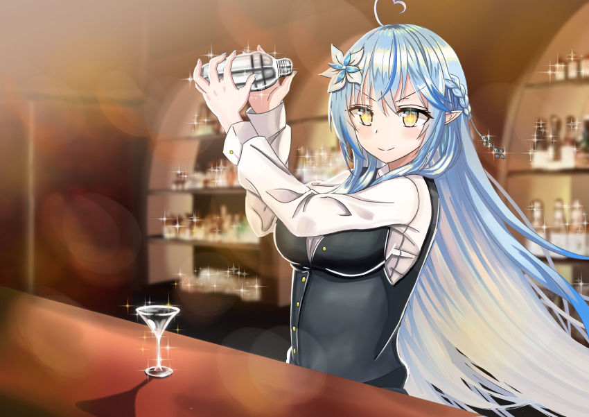 1girl absurdres ahoge alternate_costume arms_up bangs bar bartender black_vest blue_hair blurry blurry_background blush bottle braid breasts cocktail_glass cocktail_shaker collarbone commentary_request cup drinking_glass elf eyebrows_visible_through_hair flower french_braid glint hair_between_eyes hair_flower hair_ornament highres holding_shaker hololive indoors long_hair long_sleeves looking_at_viewer medium_breasts pointy_ears shelf shiny shiny_hair shirt sidelocks smile solo sparkling_eyes tsukito_5555 v-shaped_eyebrows vest virtual_youtuber white_shirt yellow_eyes yukihana_lamy