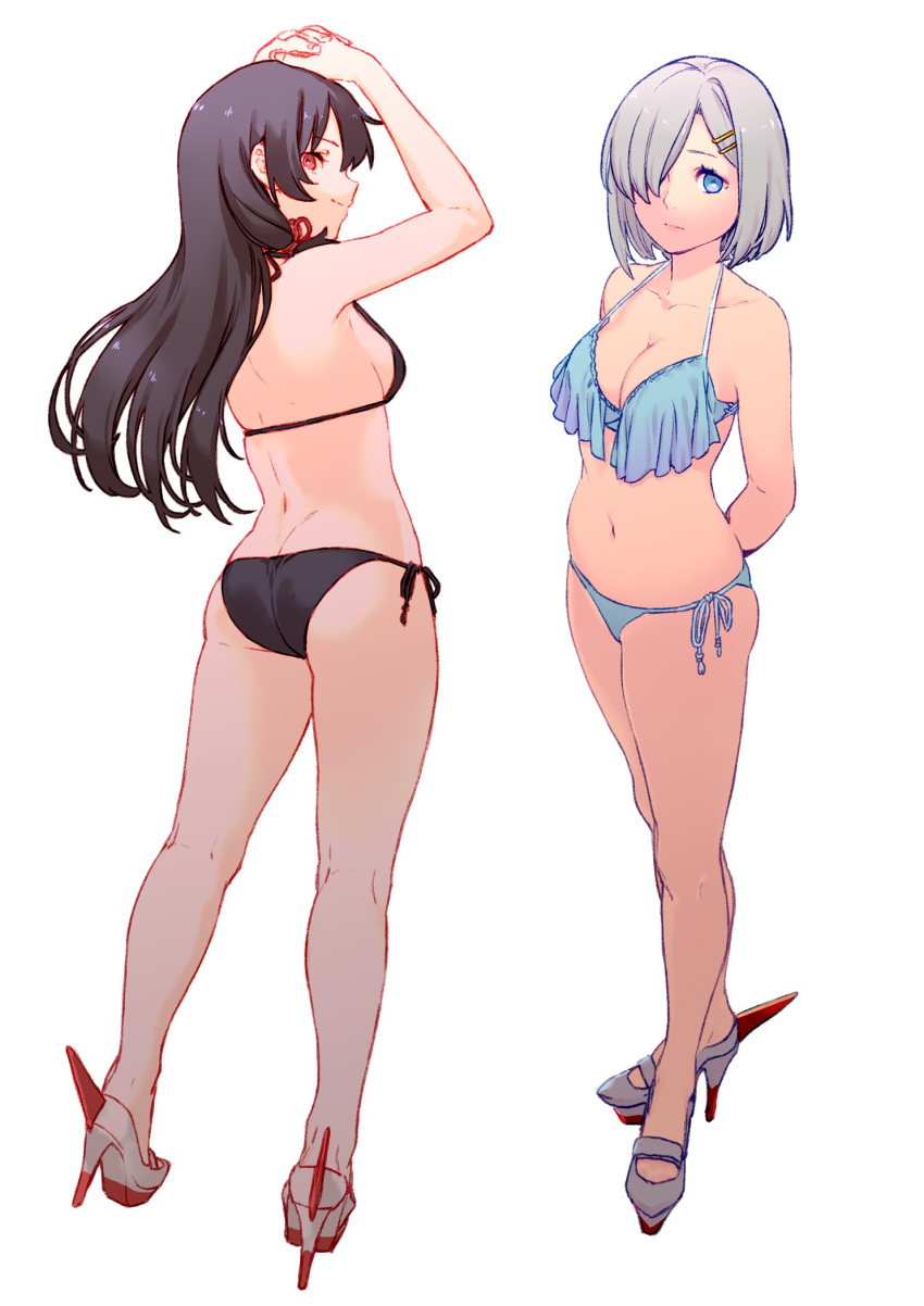 2girls arms_up ass bare_arms bare_legs bare_shoulders bikini black_bikini black_hair blue_bikini blue_eyes breasts commentary full_body hair_ornament hair_over_one_eye hair_ribbon hairclip hamakaze_(kantai_collection) high_heels highres isokaze_(kantai_collection) kantai_collection large_breasts long_hair looking_at_viewer looking_back multiple_girls navel red_eyes ribbon sandals short_hair side-tie_bikini silver_hair simple_background smile standing string_bikini striped swimsuit tress_ribbon uyama_hajime white_background