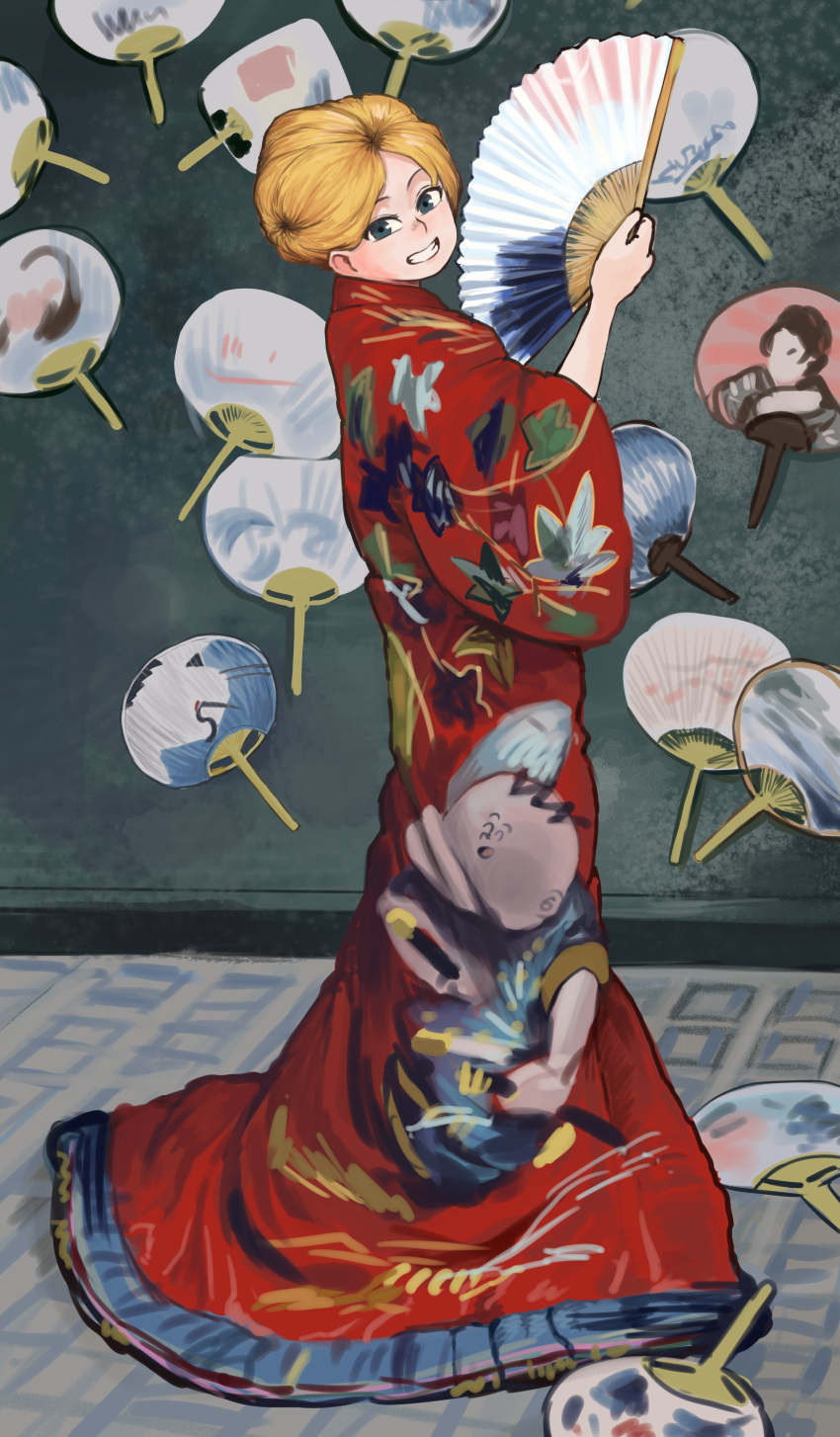 1girl absurdres blonde_hair chanta_(ayatakaoisii) character_print fan fine_art_parody folding_fan from_side full_body grey_eyes hair_bun hand_up highres holding holding_fan japanese_clothes kimono la_japonaise long_sleeves looking_at_viewer looking_to_the_side paper_fan parody print_kimono red_kimono smile solo
