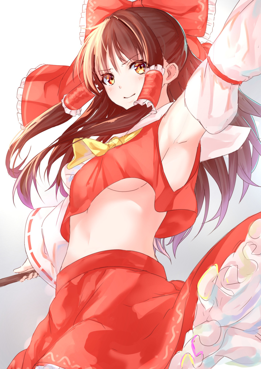 1girl absurdres arm_up armpits ascot blush bow breasts brown_eyes brown_hair closed_mouth commentary_request cowboy_shot crop_top detached_sleeves eyebrows_visible_through_hair gohei gradient gradient_background grey_background hair_bow hair_tubes hakurei_reimu highres holding holding_stick long_hair medium_breasts midriff petticoat ponytail red_bow red_shirt red_skirt rei_(farta_litia) shirt simple_background skirt sleeveless sleeveless_shirt smile solo standing stick touhou under_boob v-shaped_eyebrows yellow_neckwear
