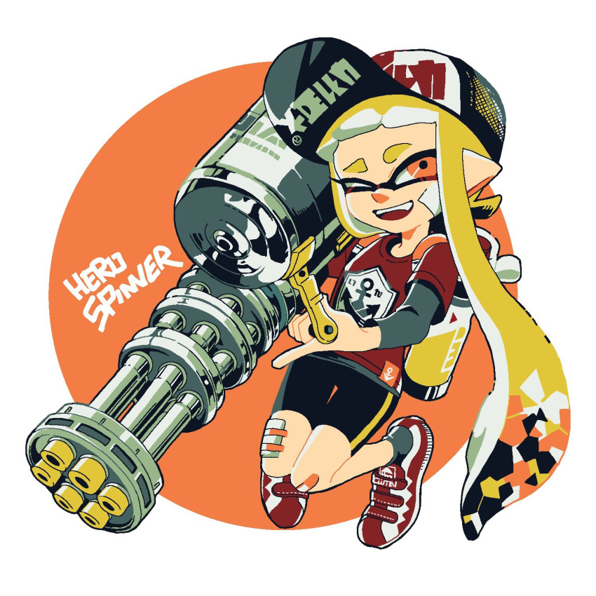 1girl anchor_symbol bandage_on_face bandages bandaid bandaid_on_knee bangs baseball_cap bike_shorts black_headwear black_legwear black_shorts blonde_hair blunt_bangs clothes_writing commentary domino_mask english_text hat hero_splatling_(splatoon) highres holding holding_weapon inkling inkling_(language) katsu_noha long_hair long_sleeves looking_at_viewer mask one_eye_closed open_mouth pointy_ears red_eyes red_footwear red_shirt shirt shoes short_over_long_sleeves short_sleeves shorts single_vertical_stripe smile sneakers socks solo splatoon_(series) splatoon_2 standing t-shirt tentacle_hair weapon