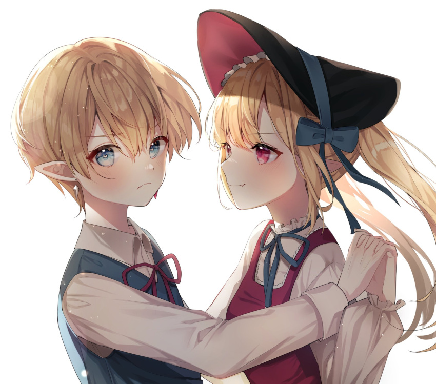 1boy 1girl bangs blonde_hair blue_eyes blue_ribbon blush bonnet check_copyright closed_mouth collared_shirt commentary_request copyright_request dress earrings fang from_side hat heart heart_in_eye highres holding_hands interlocked_fingers jewelry knowa long_hair long_sleeves looking_at_another looking_at_viewer looking_to_the_side neck_ribbon original pinafore_dress pointy_ears red_dress red_eyes red_ribbon ribbon shirt short_hair simple_background smile symbol_in_eye upper_body white_background white_shirt