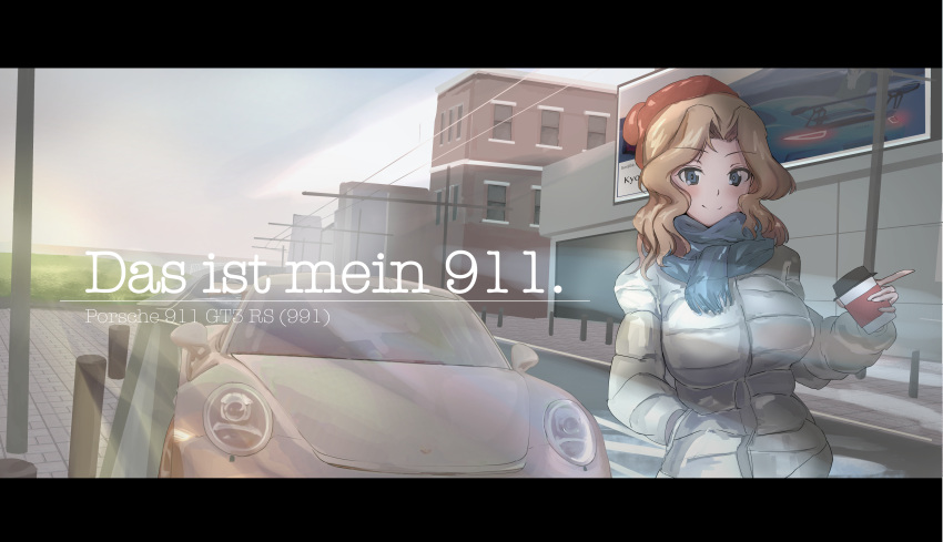 1girl absurdres blonde_hair blue_eyes blue_scarf bobblehat building car closed_mouth coffee_cup commentary cup disposable_cup down_jacket eyebrows_visible_through_hair fringe_trim german_commentary german_text girls_und_panzer ground_vehicle hair_intakes hand_in_hair highres holding holding_cup index_finger_raised kay_(girls_und_panzer) kyougi_sharyou letterboxed long_hair long_sleeves looking_at_viewer motor_vehicle outdoors porsche porsche_911 red_headwear scarf smile solo standing sunrise translated