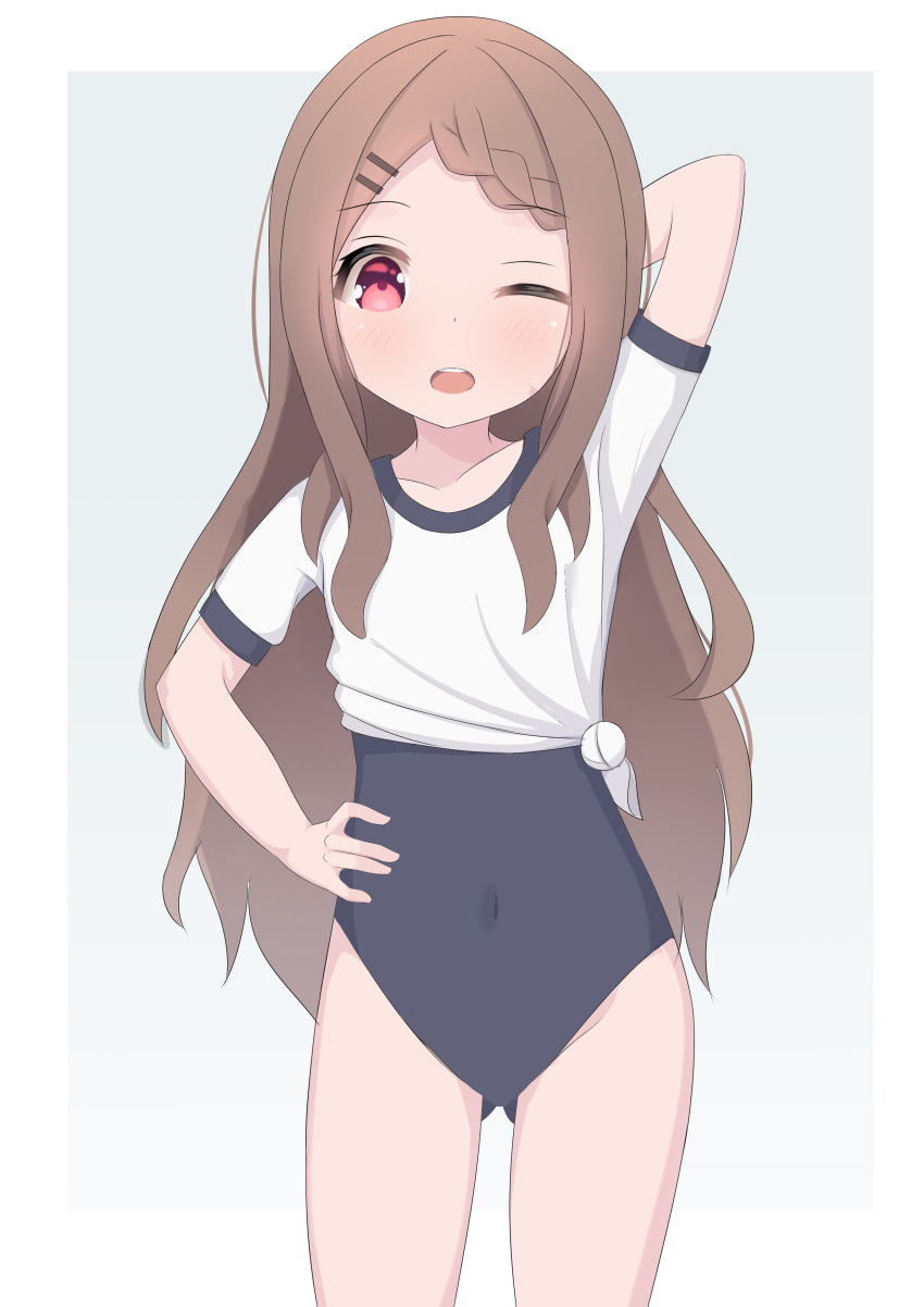 1girl absurdres aoba_kokona arm_behind_head arm_up ass_visible_through_thighs blue_swimsuit braid brown_eyes brown_hair covered_navel hair_ornament hairclip hand_on_hip highres kaneko14 long_hair one-piece_swimsuit one_eye_closed open_mouth pose school_swimsuit shirt short_sleeves solo swimsuit swimsuit_under_clothes thighs white_shirt yama_no_susume