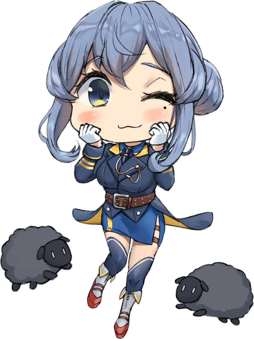 1girl :3 ;3 absurdres black_neckwear blue_hair blue_sailor_collar blue_skirt blush collared_shirt full_body gloves gotland_(kantai_collection) hair_bun half_gloves highres kantai_collection long_hair military military_uniform mole mole_under_eye neckerchief one_eye_closed osananajimi_neko sailor_collar sheep shirt skirt thigh-highs thigh_strap uniform white_background white_gloves