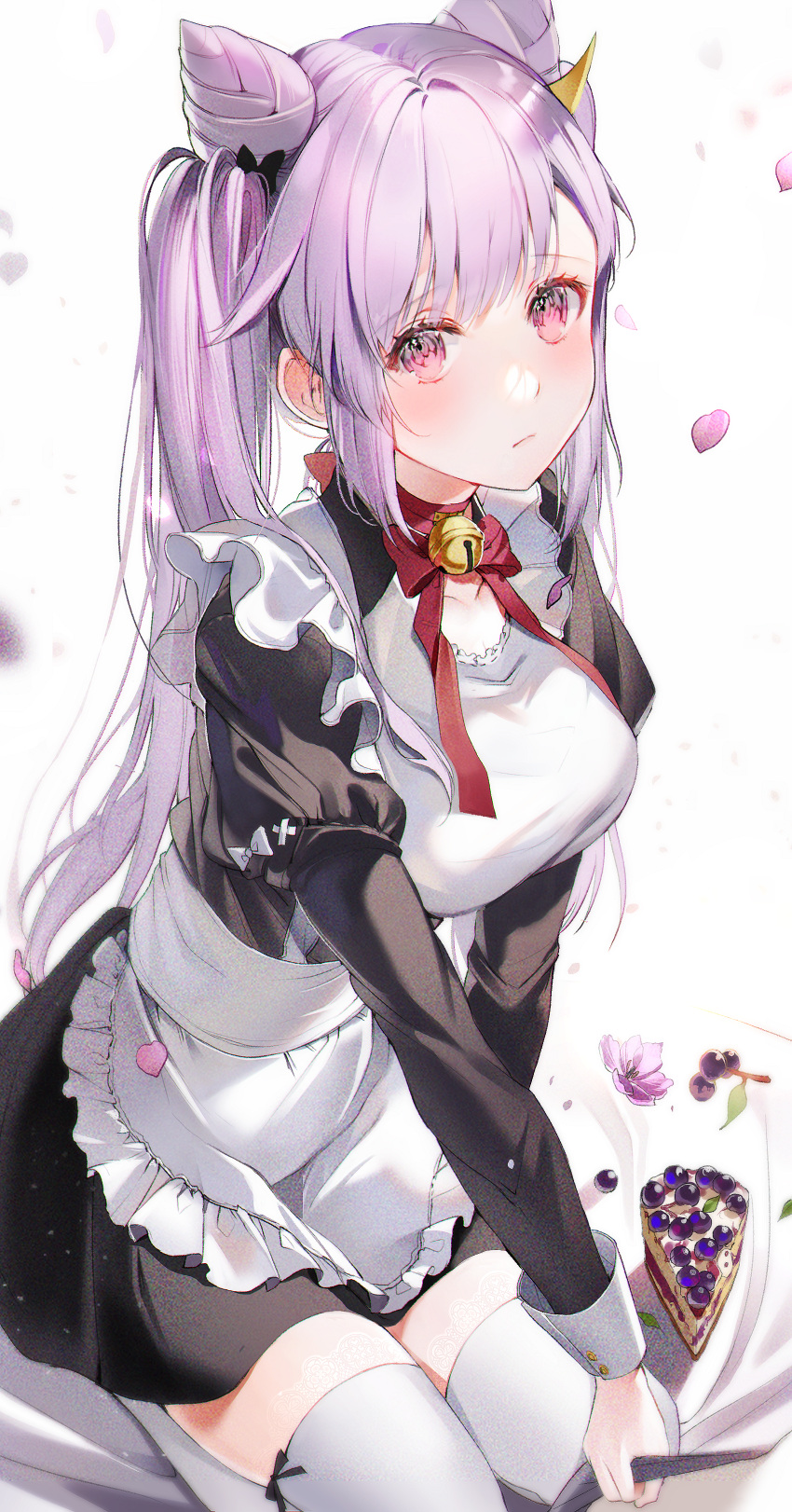 1girl 2sham absurdres apron bell blush bow bowtie breasts cake double_bun food genshin_impact hair_bow hair_bun highres jingle_bell keqing_(genshin_impact) kneeling long_sleeves looking_at_viewer maid maid_apron medium_breasts petals purple_hair simple_background solo thigh-highs twintails violet_eyes white_background white_legwear