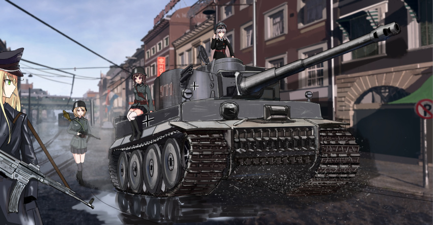 4girls assault_rifle blonde_hair bolt_action breasts brown_hair building caterpillar_tracks cigarette coat commentary_request girls_frontline green_eyes ground_vehicle gun hat highres iron_cross kar98k_(girls_frontline) long_hair mauser_98 military military_hat military_uniform military_vehicle motor_vehicle mp40 multiple_girls p38_(girls_frontline) panzerfaust pk-971 red_eyes rifle short_hair skirt smile stg44 stg44_(girls_frontline) submachine_gun tank thigh-highs tiger_i uniform water weapon