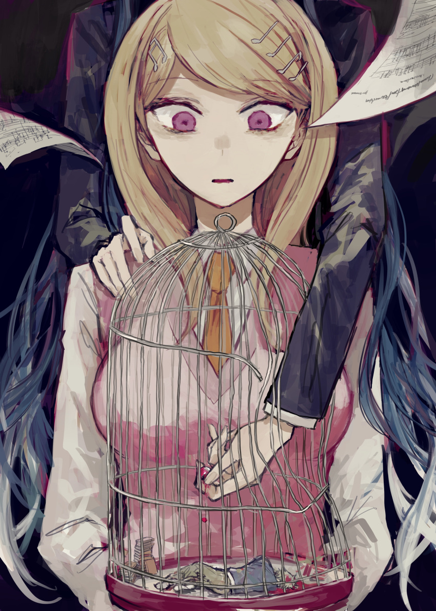 2girls absurdres akamatsu_kaede amami_rantarou bangs birdcage blonde_hair breasts brown_pants cage commentary_request dangan_ronpa death hair_ornament hairclip hand_on_another's_shoulder highres holding large_breasts long_hair long_hiar long_sleeves multiple_girls musical_note musical_note_hair_ornament necktie new_dangan_ronpa_v3 open_mouth orange_neckwear pants pink_blood pink_sweater_vest postal_mark_(tsu_qq) shirogane_tsumugi shirt solo_focus spoilers standing sweater_vest upper_body white_shirt