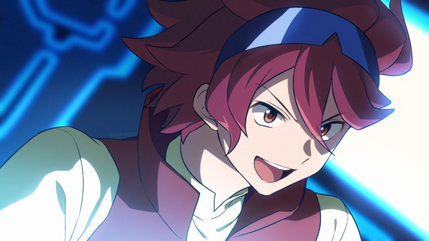 1boy :d bangs commentary eyewear_on_head from_side gundam gundam_build_fighters hair_between_eyes highres looking_to_the_side male_focus open_mouth red_eyes red_vest redhead reiji_(gundam_bf) sayshownen shirt short_hair smile solo sunglasses twitter_username upper_teeth vest watermark white_shirt