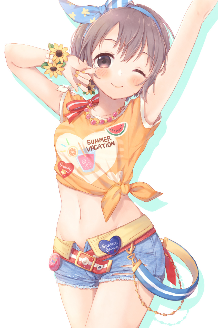1girl absurdres arm_up belt bikini bikini_top blue_shorts blush bob_cut breasts brown_eyes clothing_request earrings english_text eyebrows_visible_through_hair grey_hair hairband highres idolmaster idolmaster_cinderella_girls idolmaster_cinderella_girls_starlight_stage jewelry kazane_mari legs looking_at_viewer medium_breasts midriff nail_polish navel necklace one_eye_closed otokura_yuuki short_hair short_shorts short_sleeves shorts sidelocks simple_background smile solo standing swimsuit swimsuit_under_clothes thighs torn_clothes white_background yellow_nails