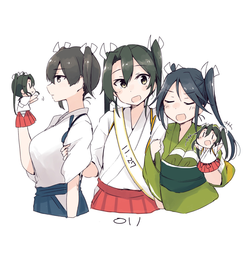 3girls absurdres blue_hakama commentary_request cowboy_shot dark_green_hair green_eyes grey_hair hakama hakama_skirt hand_puppet highres japanese_clothes kaga_(kantai_collection) kantai_collection katsuragi_(kantai_collection) long_hair ma_rukan matching_hairstyle multiple_girls muneate puppet ribbon sash simple_background tasuki twintails white_background white_ribbon zuikaku_(kantai_collection)