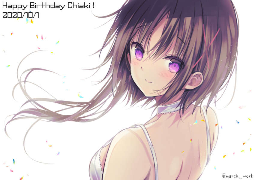 1girl back bare_back bare_shoulders blush brown_hair choker dated dress eyebrows_visible_through_hair hagino_chiaki hair_ornament happy_birthday hinako_note looking_back march-bunny short_hair_with_long_locks smile solo twitter_username violet_eyes x_hair_ornament