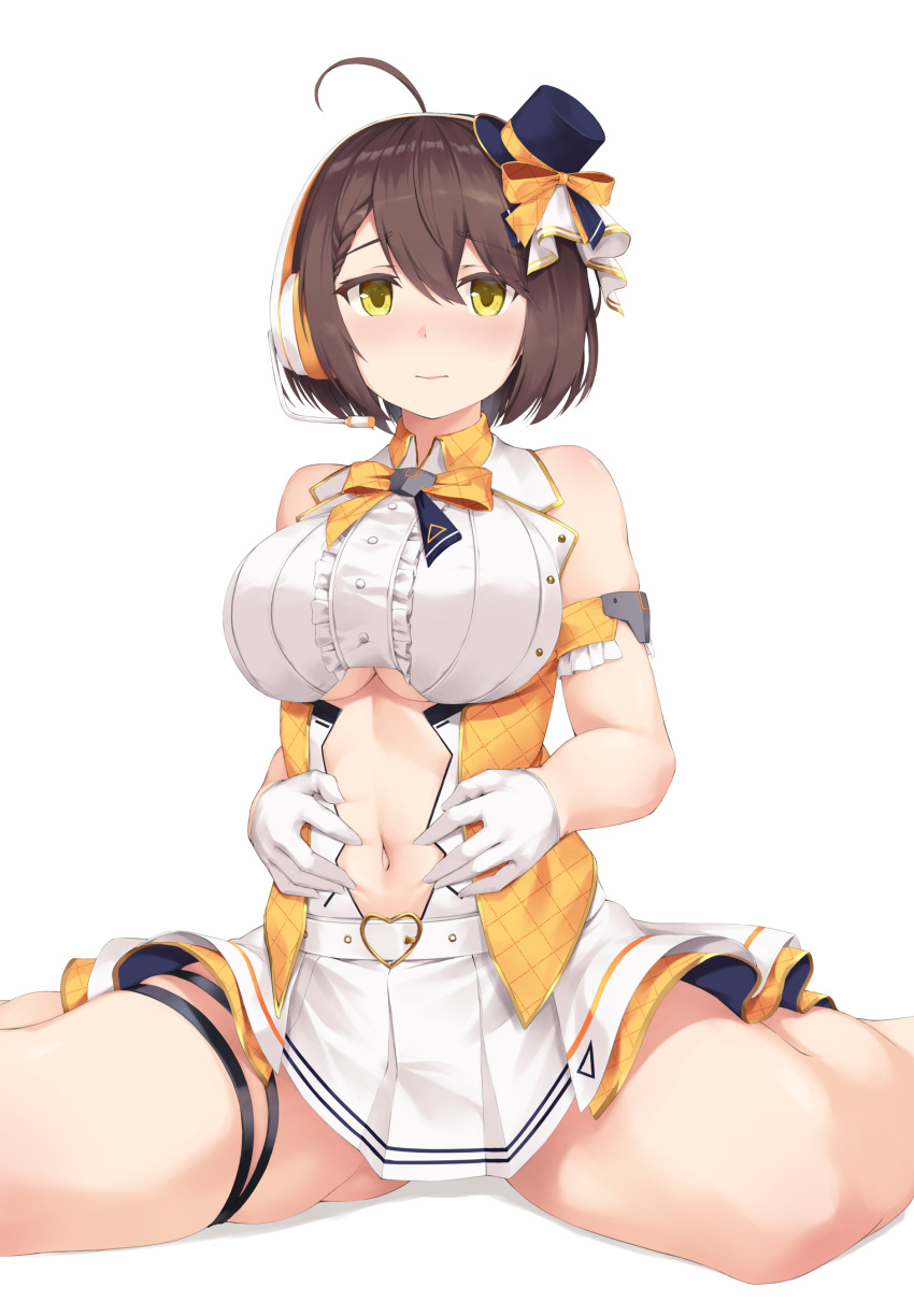 1girl absurdres ahoge arm_strap azur_lane baltimore_(azur_lane) baltimore_(muse)_(azur_lane) bangs bare_shoulders belt black_headwear blush boots bow braid breasts brown_hair center_frills center_opening clothing_cutout collared_shirt commentary_request crop_top eyebrows_visible_through_hair french_braid frills gloves hair_between_eyes half_gloves hat headset highres idol knee_boots large_breasts looking_at_viewer mini_hat navel navel_cutout official_alternate_costume orange_bow pleated_skirt ributsu shadow shirt short_hair sidelocks simple_background sitting skindentation skirt sleeveless sleeveless_shirt solo spread_navel thigh_strap under_boob underboob_cutout wariza white_background white_belt white_footwear white_gloves white_shirt white_skirt yellow_eyes