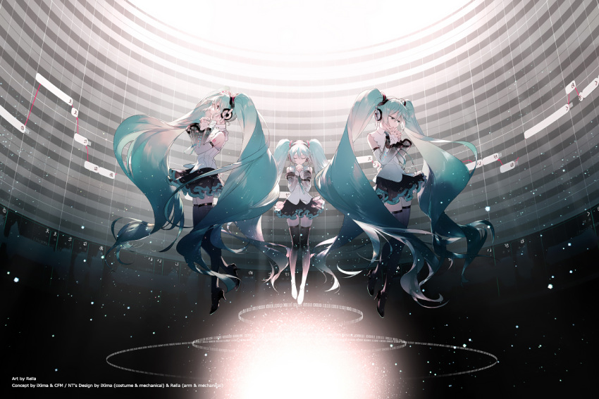 3girls aqua_eyes aqua_hair aqua_nails aqua_neckwear bare_shoulders binary black_legwear black_skirt boots closed_eyes commentary crypton_future_media detached_sleeves facing_to_the_side facing_viewer fingers_together floating from_side full_body glowing hair_ornament hands_together hatsune_miku hatsune_miku_(nt) headphones high_heels light_particles long_hair miniskirt multiple_girls multiple_persona nail_polish neck_ribbon official_art piapro pleated_skirt rella ribbon see-through_legwear see-through_sleeves shirt shoulder_tattoo skirt sleeveless sleeveless_shirt tattoo thigh-highs thigh_boots twintails very_long_hair vocaloid white_shirt white_sleeves wide_shot zettai_ryouiki