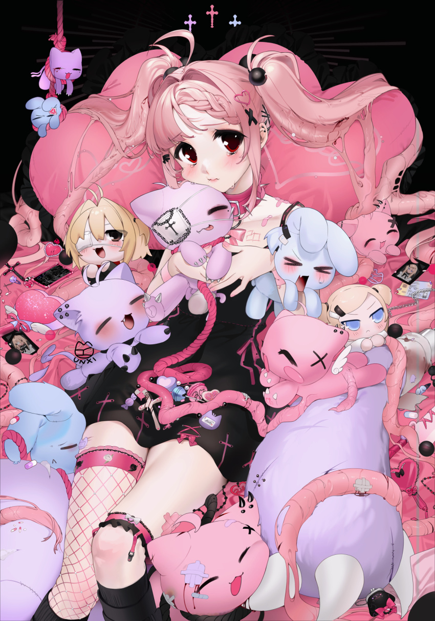 3girls :&lt; ahoge angel_wings anger_vein animalization antenna_hair bandaid black_background black_dress black_flower black_legwear black_rose blood blue_eyes bobby_pin bow braid braided_bangs brown_eyes bruise candy cellphone chain character_doll character_name coin_purse collar collarbone cookie crack cross crying crying_with_eyes_open dress ear_piercing eyepatch fingernails fishnet_legwear fishnets flower food frilled_garter frilled_pillow frills garters hair_bobbles hair_intakes hair_ornament hairclip heart heart_hair_ornament heart_pillow highres id_card injury intestine_hair knife lace light_brown_hair lilith_(unxi) lilith_cat_(unxi) lollipop long_hair macaron mini_wings mirror mole mole_under_eye multiple_girls name_tag noose number original pearl_(gemstone) phone piercing pill pillow pink_bow pink_bracelet pink_collar pink_hair pink_legwear pink_nails pink_ribbon red_eyes ribbon ribbon_trim rose scar signature simple_background smartphone spiked_collar spikes sprinkles stuffed_animal stuffed_bunny stuffed_cat stuffed_toy tears twintails unxi veinte very_long_hair wand white_bow white_flower white_rose wings x_hair_ornament