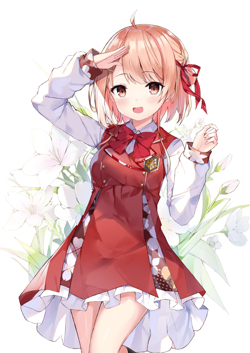1girl :d absurdres ahoge arm_up bangs black_legwear blush bow breasts brown_eyes brown_hair collared_shirt commentary dress eyebrows_visible_through_hair floral_background flower frilled_dress frills fuyuki030 hair_ornament hair_ribbon hairclip hanayori_jyoshiryou highres kano_(hanayori_jyoshiryou) kneehighs long_hair long_sleeves looking_at_viewer one_side_up open_mouth red_bow red_dress red_ribbon ribbon shirt sleeveless sleeveless_dress sleeves_past_wrists small_breasts smile solo virtual_youtuber white_background white_flower white_shirt