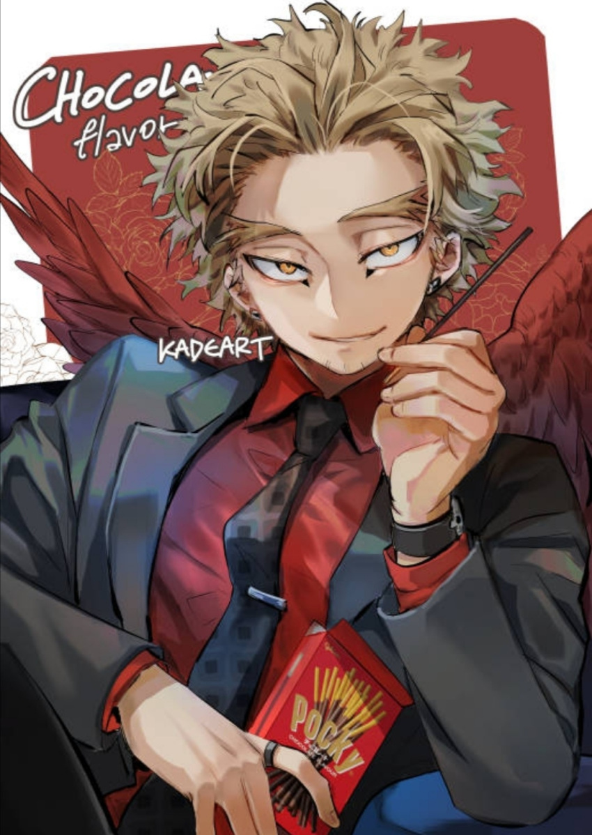 1boy alternate_costume artist_name bangs beard black_neckwear blonde_hair boku_no_hero_academia collared_shirt commentary earrings facial_hair feathered_wings feathers food hand_up hawks_(boku_no_hero_academia) highres holding holding_food holding_pocky jacket jewelry kadeart long_sleeves looking_at_viewer male_focus necktie open_clothes open_jacket parted_lips pocky red_shirt red_wings ring shirt short_hair smile solo spiky_hair tie_clip upper_body watch watch wings yellow_eyes