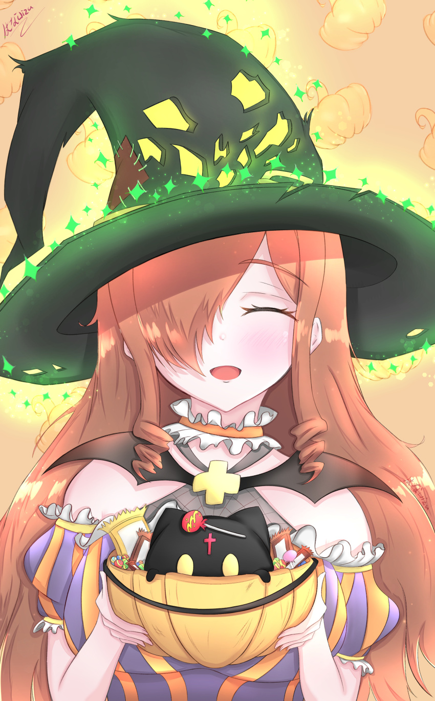 :d absurdres ahoge bare_shoulders blush breasts brown_hair bucket candy closed_eyes dress food glowing glowing_headgear hair_over_one_eye halloween_costume hanawizu hat highres holding holding_bucket kono_subarashii_sekai_ni_shukufuku_wo! large_breasts long_hair open_mouth orange_dress pumpkin purple_dress short_sleeves smile striped striped_dress two-tone_dress very_long_hair witch witch_hat wiz_(konosuba)