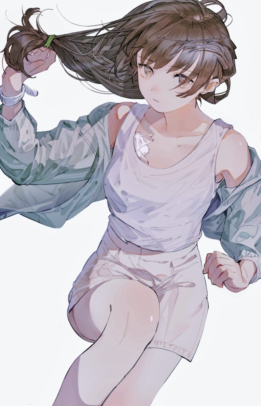 1girl aspara bandages brown_eyes brown_hair collarbone eyebrows_visible_through_hair highres long_hair looking_at_viewer looking_up original revision shirt shorts simple_background solo tank_top tied_hair untying white_background white_shirt wristband