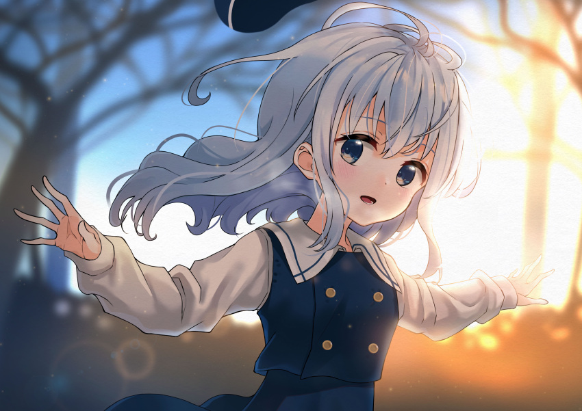 1girl absurdres backlighting blue_dress blue_eyes blue_headwear blurry blurry_background blush commentary_request depth_of_field dress eyebrows_visible_through_hair gochuumon_wa_usagi_desu_ka? hair_between_eyes hat highres kafuu_chino kafuu_chino's_school_uniform lens_flare long_hair long_sleeves looking_at_viewer open_mouth outdoors outstretched_arms pinafore_dress sailor_collar school_uniform shirt silver_hair sleeveless sleeveless_dress solo tree twilight upper_body white_shirt zumi6