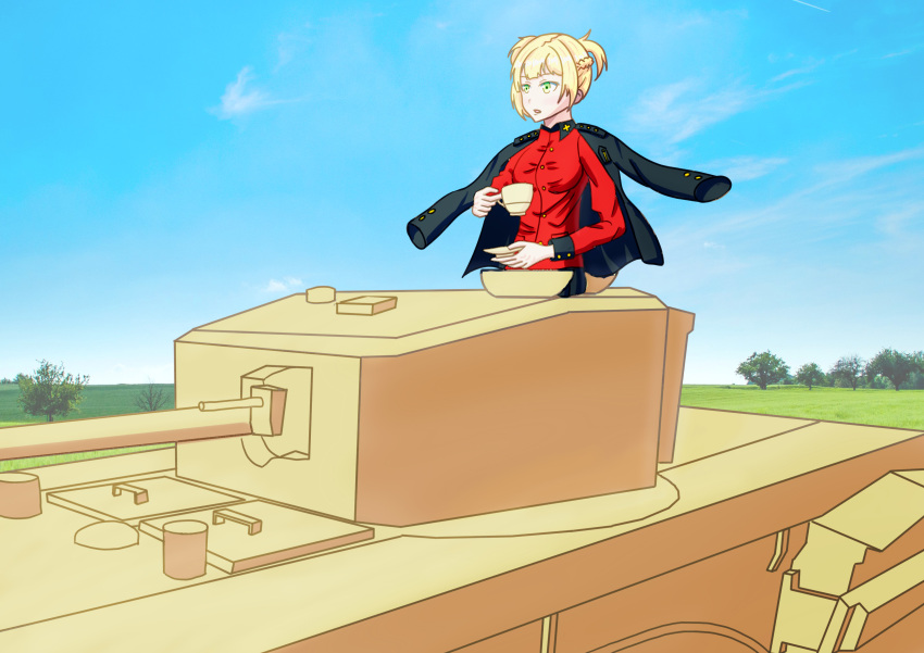 1girl absurdres blonde_hair breasts churchill_(tank) clouds commentary_request cup day gilijim girls_frontline girls_und_panzer grass green_eyes ground_vehicle highres long_hair military military_vehicle motor_vehicle open_mouth sky st._gloriana's_military_uniform tank teacup tree welrod_mk2_(girls_frontline)