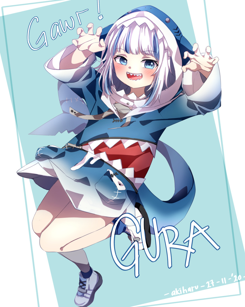 1girl :d absurdres akiharu animal_hood artist_request bangs blue_background blue_eyes blue_hair blue_hoodie character_name claw_pose eyebrows_visible_through_hair fish_tail foot_up gawr_gura highres hololive hololive_english hood hoodie long_sleeves looking_at_viewer multicolored_hair open_mouth shark_hood shark_tail sharp_teeth shoes sidelocks simple_background smile sneakers solo standing standing_on_one_leg streaked_hair tail teeth virtual_youtuber white_footwear white_hair