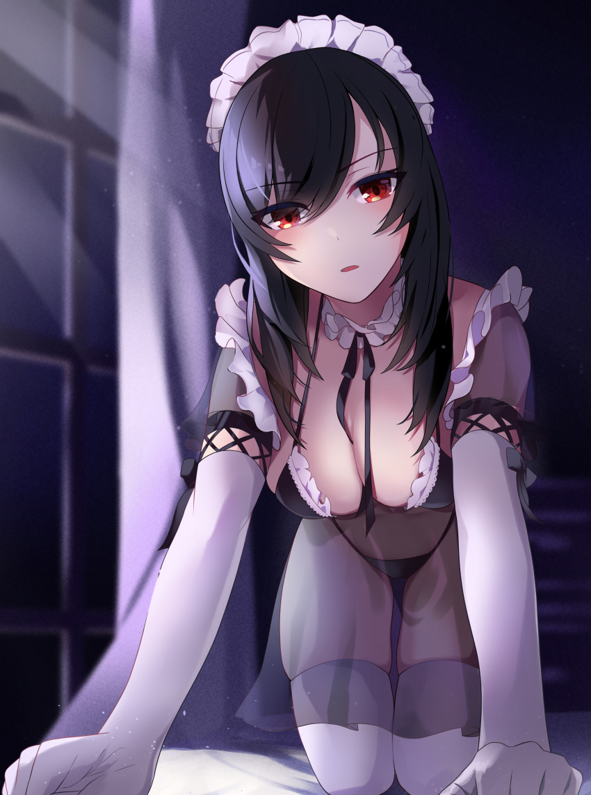 1girl absurdres all_fours arm_support babydoll bangs bed_sheet black_hair black_panties blurry blush bow breasts curtains dark depth_of_field elbow_gloves eyebrows_visible_through_hair eyes_visible_through_hair film_grain frilled_neckwear frills gloves hair_over_one_eye head_tilt highres hinataa indoors light_particles lingerie long_hair looking_at_viewer maid maid_headdress medium_breasts moonlight neck_ribbon night original panties parted_bangs parted_lips red_eyes ribbon see-through solo spaghetti_strap string_panties thigh-highs thigh_gap underwear underwear_only white_gloves white_legwear window