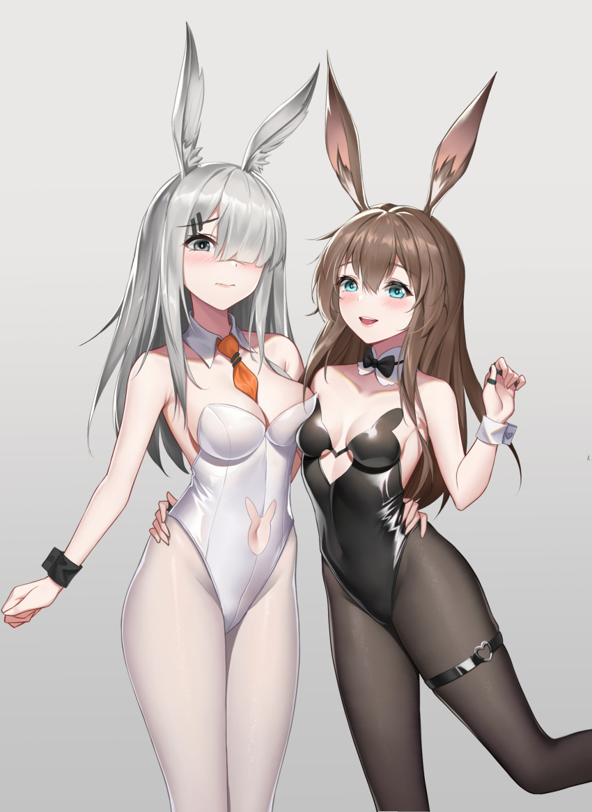 2girls amiya_(arknights) animal_ears arknights black_legwear black_leotard black_neckwear bow bowtie breasts brown_hair bunny_tail clothing_cutout commentary_request detached_collar frostnova_(arknights) green_eyes grey_background grey_eyes hair_over_one_eye highres kurosara leotard long_hair looking_at_viewer medium_breasts multiple_girls navel_cutout necktie pantyhose playboy_bunny rabbit_ears rabbit_girl silver_hair simple_background small_breasts standing strapless strapless_leotard tail thigh_strap white_legwear white_leotard wrist_cuffs yellow_neckwear