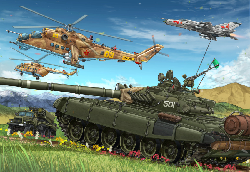 aircraft airplane akm bm-21 brown_eyes brown_hair caterpillar_tracks clouds combat_webbing commentary_request dog flower gloves goggles goggles_on_head graphite_(medium) ground_vehicle hat hatch helicopter highres horse jet mi-24 mi-8 mig-21 mikeran_(mikelan) military military_uniform military_vehicle missile missile_pod motor_vehicle mountain original red_star sky smoke_grenade_launcher t-72 tank traditional_media uniform