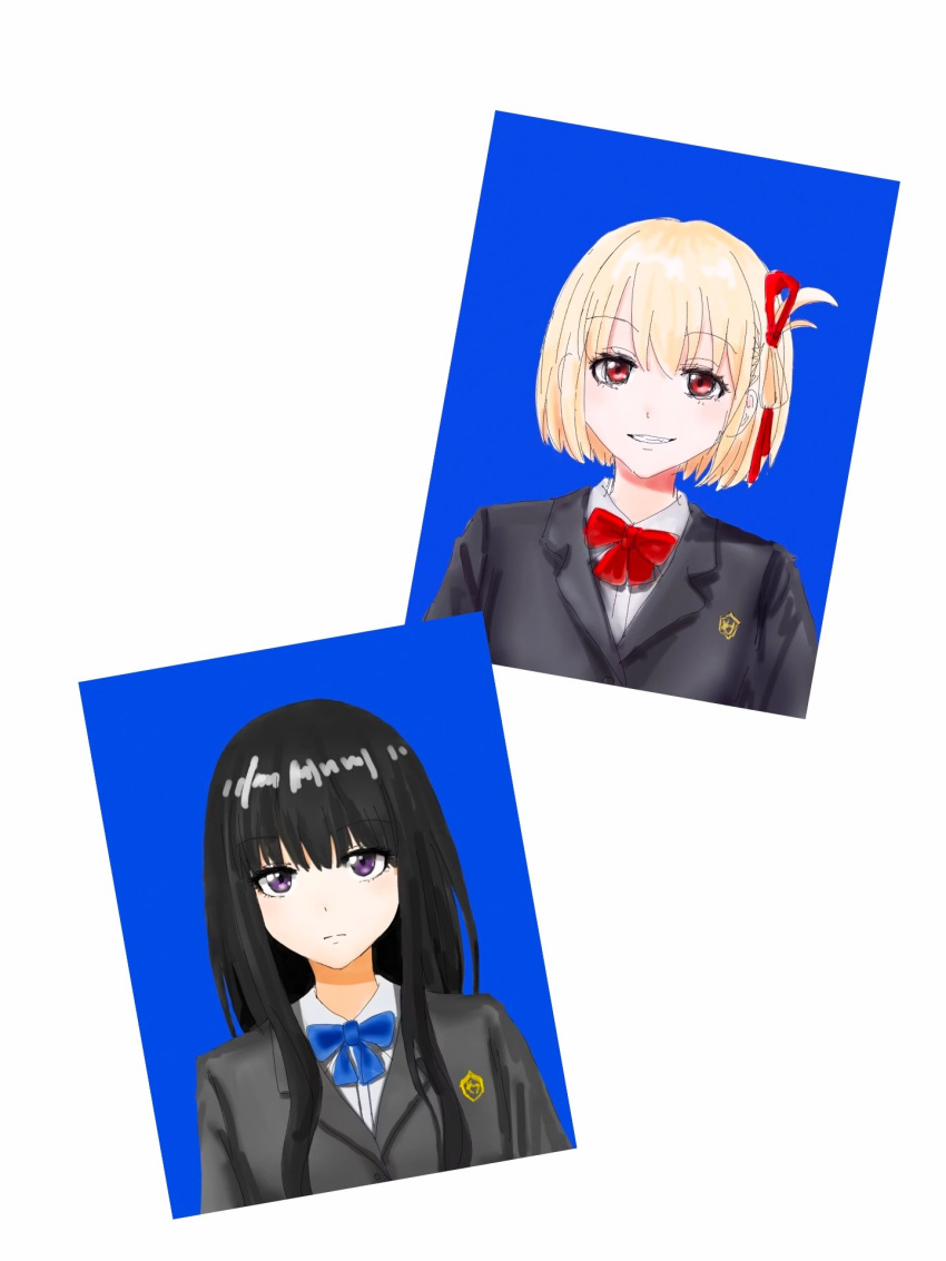 2girls black_hair black_jacket blazer blonde_hair blue_bow blue_bowtie bob_cut bow bowtie clenched_teeth closed_mouth collared_shirt commentary doodle943545 dress_shirt grin hair_ribbon hashtag_only_commentary highres inoue_takina jacket long_hair looking_at_viewer lycoris_recoil multiple_girls nishikigi_chisato one_side_up portrait red_bow red_bowtie red_eyes red_ribbon ribbon school_uniform shirt short_hair sidelocks smile teeth violet_eyes white_shirt