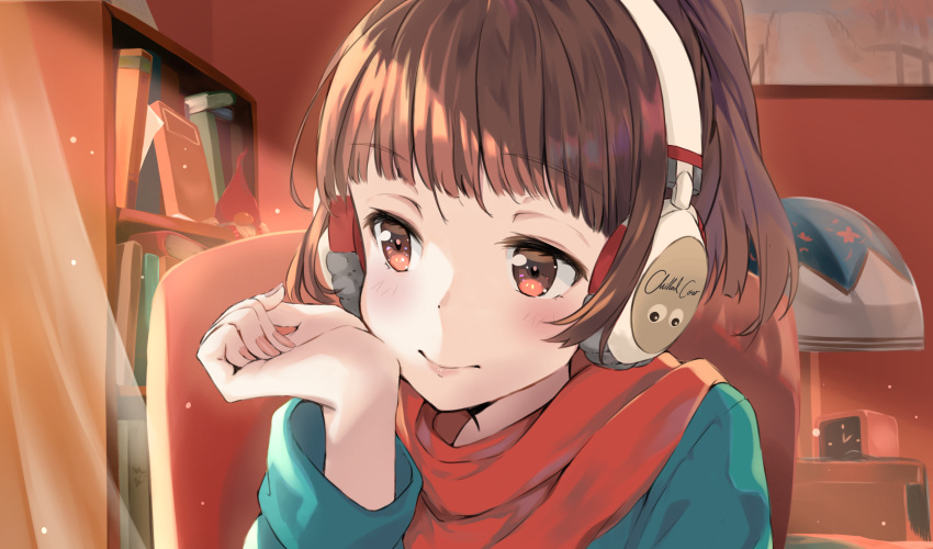 1girl absurdres alarm_clock blue_sweater brown_eyes brown_hair chilledcow_stream_girl clock closed_mouth curtains dot_nose fingernails hand_up headphones highres indoors light_particles lofi_hip_hop_radio_-_beats_to_relax/study_to long_sleeves looking_to_the_side nail_polish pink_nails ponytail red_scarf scarf smile solo sweater timo_wei95
