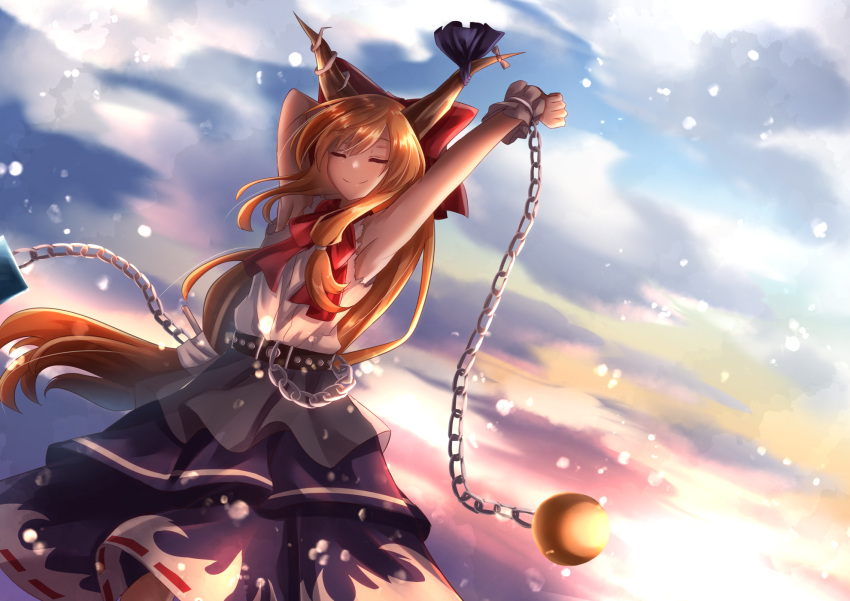 1girl arm_above_head armpits arms_up bangs belt blurry bokeh bow closed_eyes closed_mouth clouds commentary_request cowboy_shot cuffs depth_of_field dutch_angle eyebrows_behind_hair flat_chest gradient_sky hair_between_eyes hair_bow highres horn_ornament horn_ribbon horns ibuki_suika long_hair oni_horns orange_hair purple_skirt red_bow red_neckwear red_ribbon ribbon shackles shiranui_(wasuresateraito) shirt skirt sky sleeveless sleeveless_shirt smile solo standing stretch swept_bangs torn_clothes touhou very_long_hair wrist_cuffs