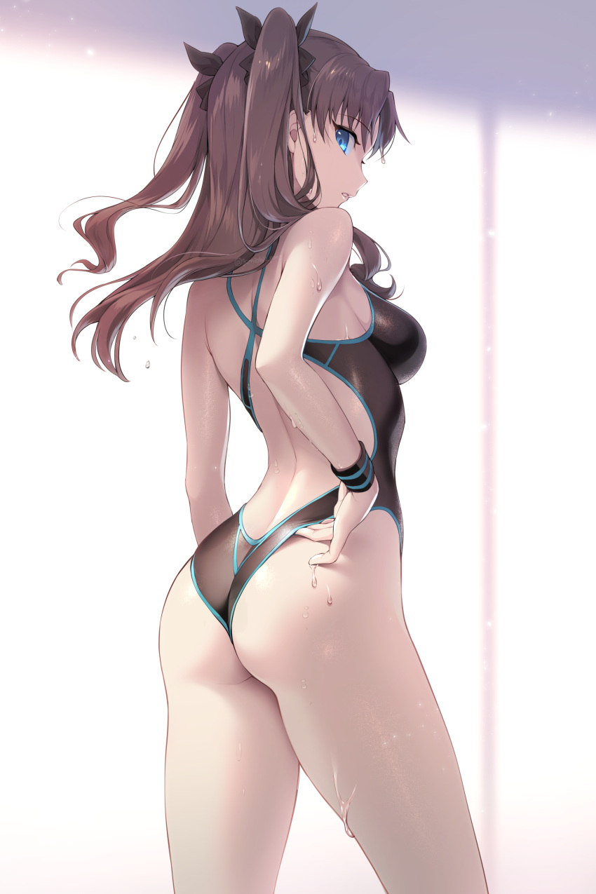 1girl absurdres adjusting_clothes adjusting_swimsuit ass back bangs black_ribbon black_swimsuit blue_eyes breasts brown_hair commentary_request competition_swimsuit cowboy_shot eyebrows_visible_through_hair fate/stay_night fate_(series) floating_hair from_side gomashio_ponz hair_ornament highres long_hair looking_at_viewer looking_back medium_breasts one-piece_swimsuit parted_lips revision ribbon shiny shiny_hair shiny_skin solo standing swimsuit tohsaka_rin twitter_username two_side_up water_drop wet wet_clothes wet_swimsuit wristband
