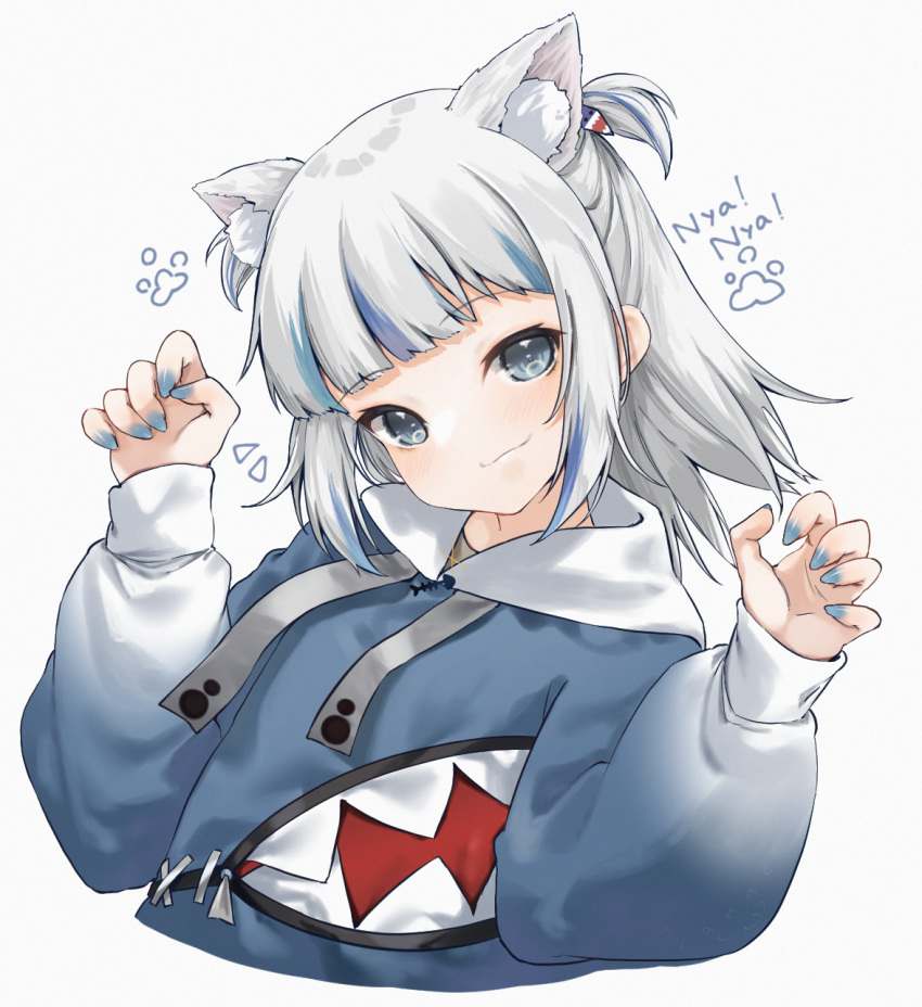 1girl :3 animal_ear_fluff animal_ears bangs blue_eyes blue_hair blue_hoodie blue_nails blunt_bangs blush cat_ears claw_pose closed_mouth commentary cropped_torso eyebrows_visible_through_hair flying_sweatdrops gawr_gura head_tilt highres hololive hololive_english hood hood_down hoodie inorin05kanae kemonomimi_mode long_hair long_sleeves looking_at_viewer multicolored_hair nail_polish puffy_long_sleeves puffy_sleeves silver_hair smile solo streaked_hair two-tone_hair two_side_up upper_body virtual_youtuber