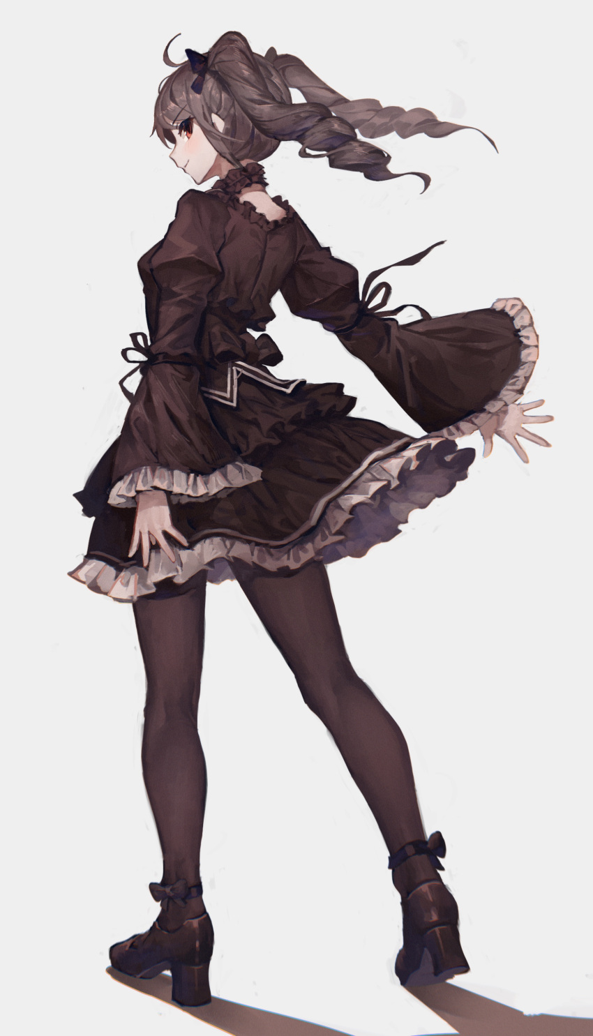 1girl absurdres ahoge black_dress black_footwear black_legwear black_ribbon breasts dress drill_hair frilled_dress frilled_sleeves frills full_body gothic_lolita grey_background grey_hair highres idolmaster idolmaster_cinderella_girls kanzaki_ranko lolita_fashion long_sleeves looking_at_viewer pantyhose red_eyes ribbon simple_background smile solo standing tied_hair yanyan_(shinken_gomi)