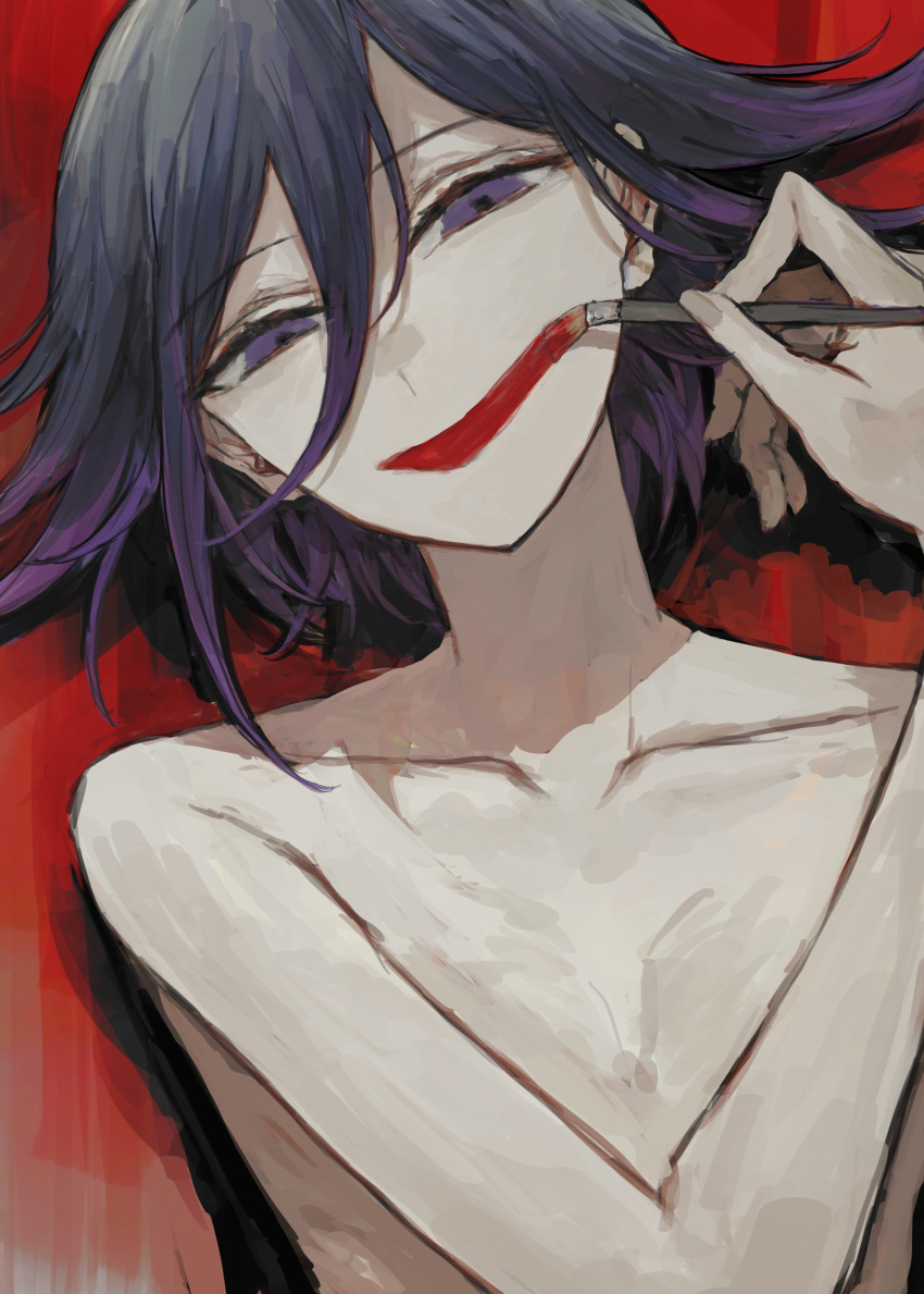 1boy absurdres bangs collarbone commentary_request dangan_ronpa flipped_hair hair_between_eyes hand_up head_tilt highres holding looking_at_viewer male_focus new_dangan_ronpa_v3 ouma_kokichi paint_on_face paintbrush postal_mark_(tsu_qq) purple_hair red_background shirtless short_hair smile solo upper_body violet_eyes