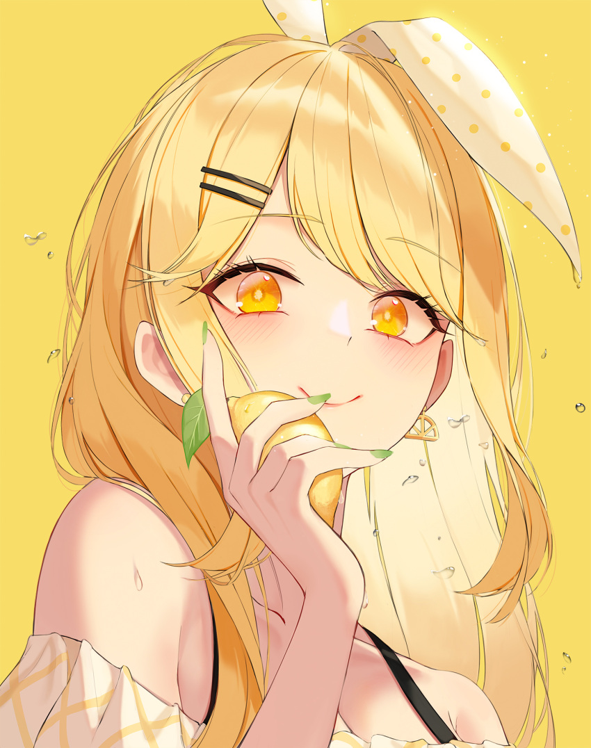 1girl bangs bare_shoulders blonde_hair blush bow bright_pupils closed_mouth collarbone daimi_94 earrings eyebrows_visible_through_hair food food_themed_earrings fruit green_nails hair_bow hair_ornament hairpin highres holding holding_food holding_fruit jewelry lemon lemon_earrings long_hair looking_at_viewer nail_polish off-shoulder_shirt off_shoulder original polka_dot shirt simple_background smile solo swept_bangs symbol_commentary upper_body yellow_background yellow_eyes