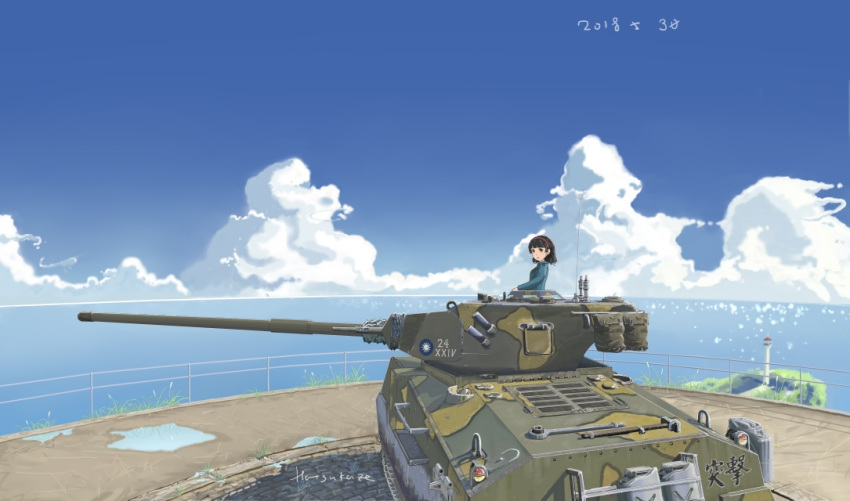 1girl artist_request black_hair breasts brown_eyes caterpillar_tracks clouds commentary_request dated day grass ground_vehicle hairband hammer jerry_can lighthouse m4_sherman military military_vehicle motor_vehicle ocean original scenery short_hair solo tank translation_request water world_of_tanks