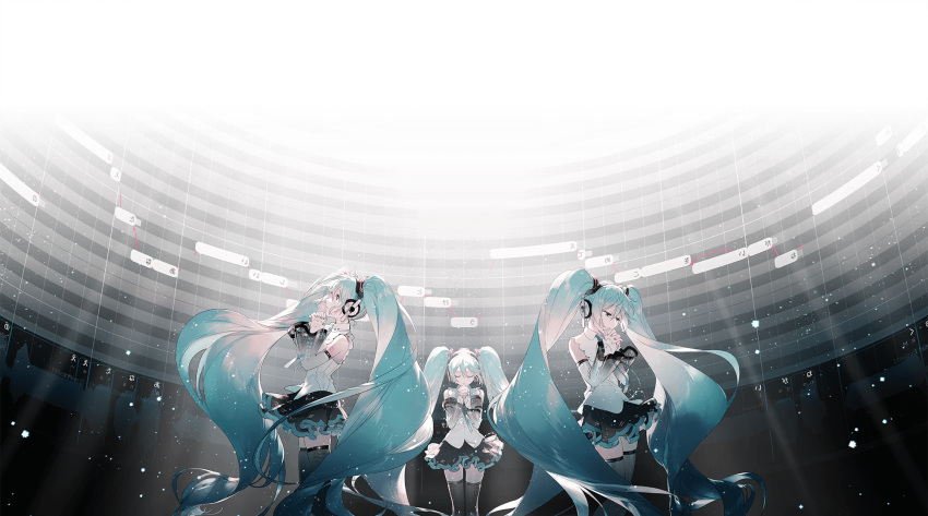 3girls aqua_eyes aqua_hair aqua_nails aqua_neckwear bare_shoulders black_legwear black_skirt boots closed_eyes commentary cropped crypton_future_media detached_sleeves facing_to_the_side facing_viewer feet_out_of_frame fingers_together from_side glowing hair_ornament hands_together hatsune_miku hatsune_miku_(nt) headphones highres light_particles long_hair miniskirt multiple_girls multiple_persona nail_polish neck_ribbon official_art piapro pleated_skirt rella ribbon see-through_legwear see-through_sleeves shirt shoulder_tattoo skirt sleeveless sleeveless_shirt tattoo thigh-highs twintails very_long_hair vocaloid white_shirt white_sleeves wide_shot zettai_ryouiki