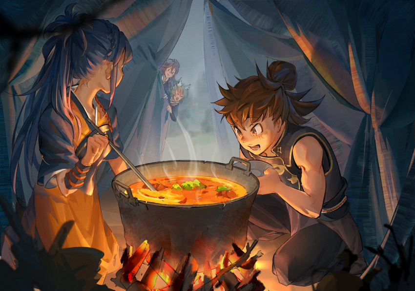 1girl absurdres bonfire bowl chinese_commentary commentary_request cooking fire fire_emblem fire_emblem_fates fire_emblem_heroes food highres hinata_(fire_emblem) kaden_(fire_emblem) ladle mavis_fuji multiple_boys oboro_(fire_emblem) open_mouth pot smile subaki_(fire_emblem) tent