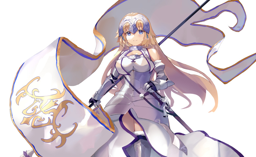1girl absurdres armor armored_dress banner blonde_hair blue_eyes breasts chain cowboy_shot fate/grand_order fate_(series) faulds flag fur-trimmed_legwear fur_trim gauntlets gorget headpiece highres holding holding_flag jeanne_d'arc_(fate) jeanne_d'arc_(fate)_(all) large_breasts long_hair plackart same_(sendai623) scabbard sheath sheathed smile solo standard_bearer standing sword thigh-highs very_long_hair weapon