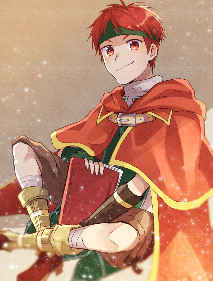 1boy absurdres book capelet closed_mouth fire_emblem fire_emblem:_radiant_dawn headband highres holding holding_weapon hood huge_filesize kuronanami looking_at_viewer male_focus red_eyes redhead shorts simple_background sitting sparks tormod_(fire_emblem) weapon