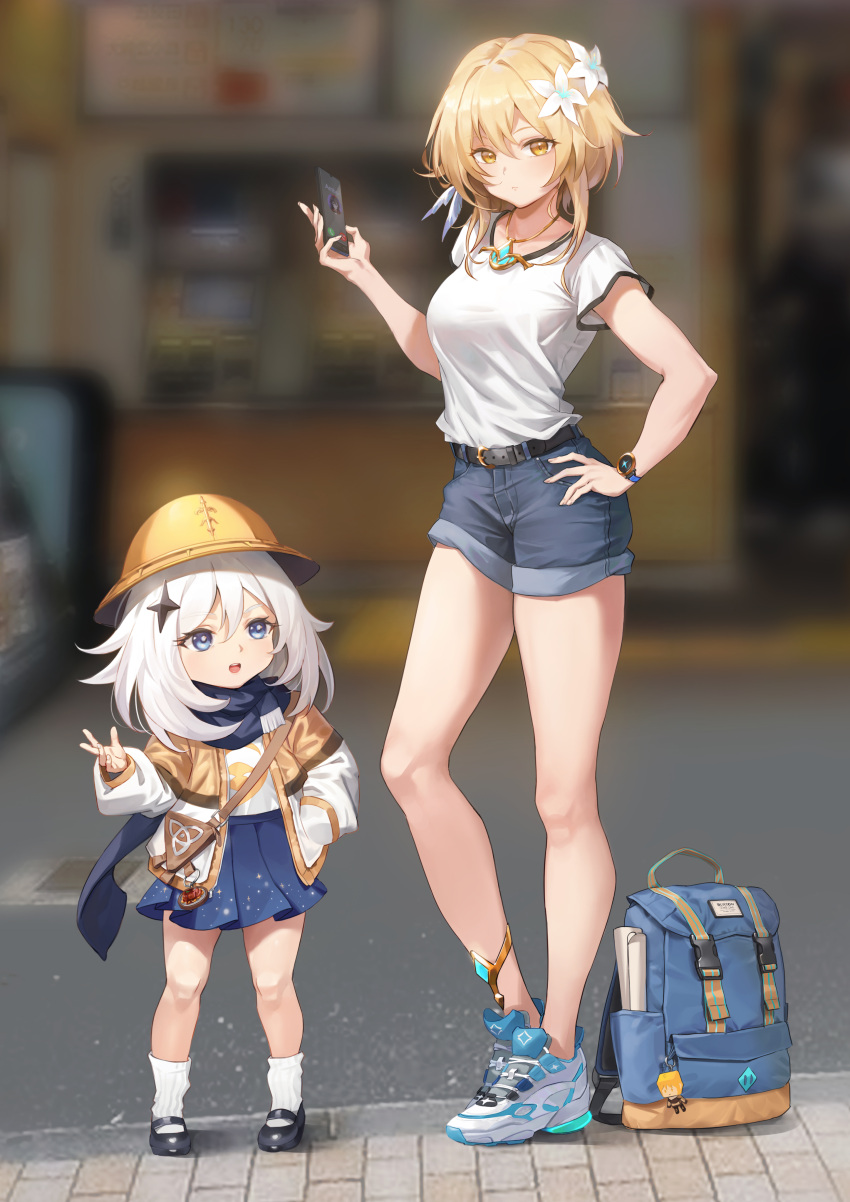 2girls absurdres backpack bag bag_removed bangs belt black_footwear blonde_hair blue_bag blue_eyes blue_footwear blue_shorts blue_skirt blurry blurry_background breasts casual cellphone closed_mouth collarbone commentary contrapposto denim denim_shorts depth_of_field dress flower full_body genshin_impact hair_flower hair_ornament hand_in_pocket hand_on_hip hand_up hat highres holding holding_phone jewelry ko-ma long_hair long_sleeves looking_at_viewer lumine_(genshin_impact) medium_breasts multiple_girls necklace open_mouth paimon_(genshin_impact) phone pleated_skirt shirt shoes short_shorts short_sleeves shorts silver_hair skirt smartphone sneakers socks standing white_dress white_flower white_hair white_legwear white_shirt