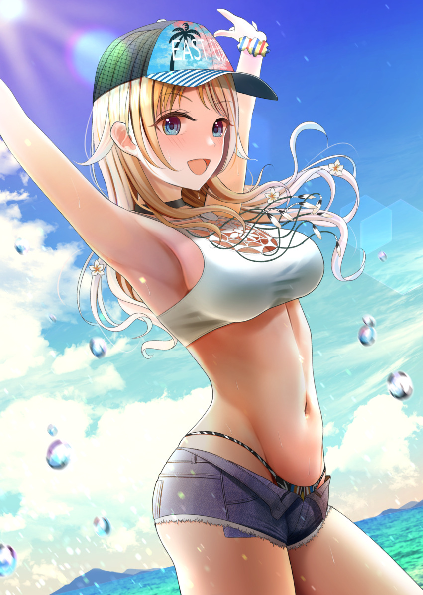 1girl ;d armpits arms_up bangs bare_shoulders baseball_cap bikini black_choker blonde_hair blue_eyes blue_shorts blush breasts bubble choker clouds commentary cowboy_shot cutoffs day denim denim_shorts exposed_pocket eyebrows_visible_through_hair groin hachimiya_meguru hat highres idolmaster idolmaster_shiny_colors large_breasts long_hair looking_at_viewer micro_shorts navel one_eye_closed open_mouth outdoors revision shorts sidelocks smile solo stomach sunlight swimsuit taut_bikini turisasu water