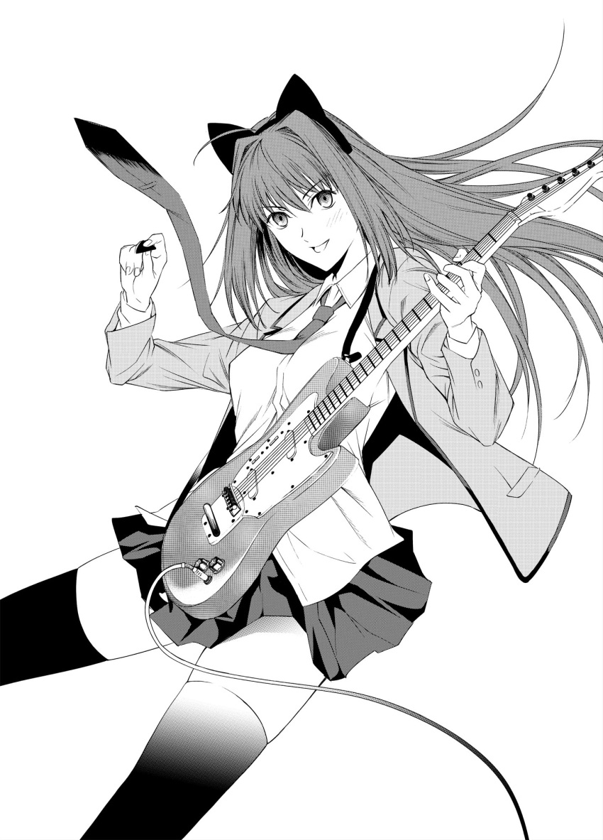 1girl animal_ears aozaki_aoko bangs blazer buttons cable cat_ears electric_guitar eyebrows_visible_through_hair fake_animal_ears fender_mustang greyscale guitar hair_between_eyes highres holding holding_instrument instrument jacket long_hair looking_at_viewer mahou_tsukai_no_yoru monochrome music necktie nose open_blazer open_clothes open_jacket plaid plaid_skirt playing_instrument plectrum school_uniform shirt sidelocks simple_background skirt smile solo takai_isshiki thigh-highs white_background zettai_ryouiki
